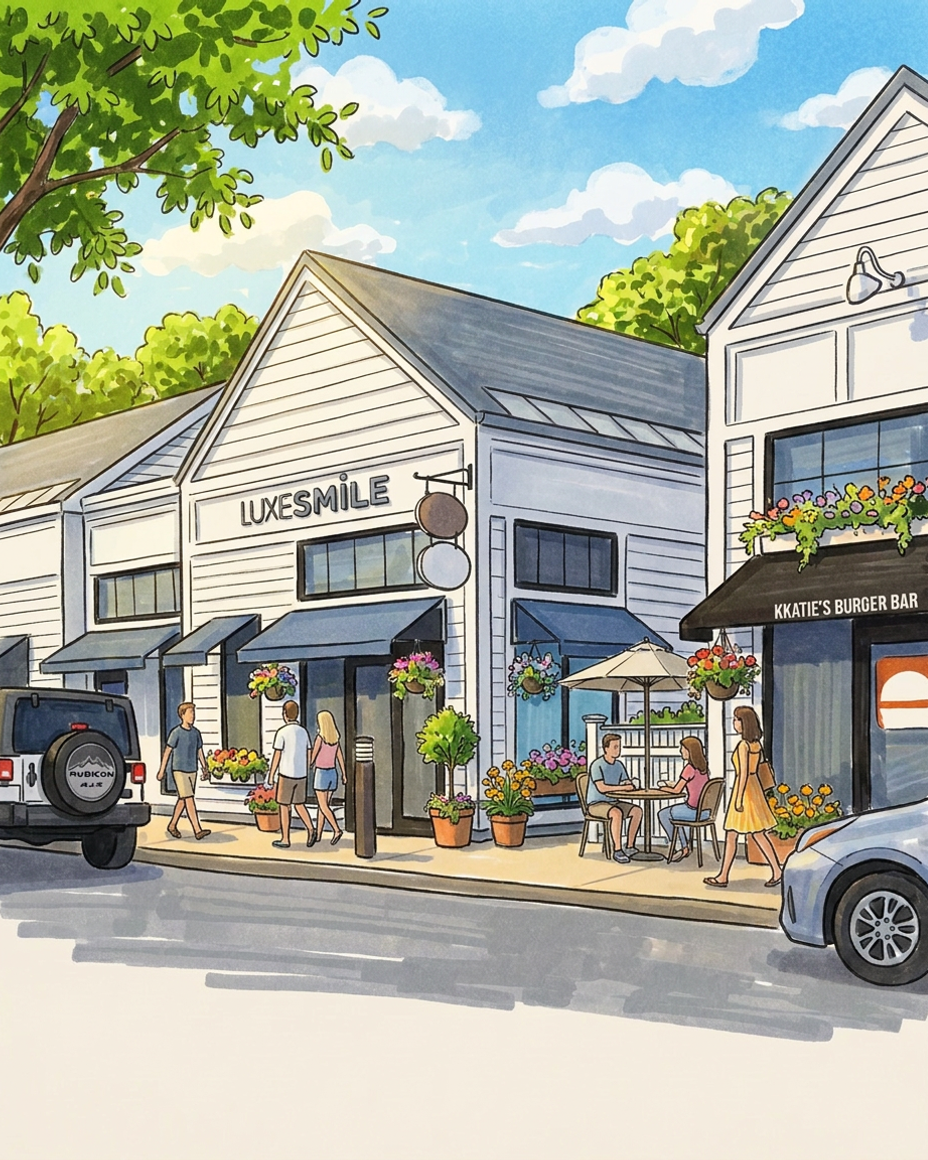 Illustration of LuxeSmile Dentistry: a white clapboard storefront on a main street, people walking past and sitting at a café table