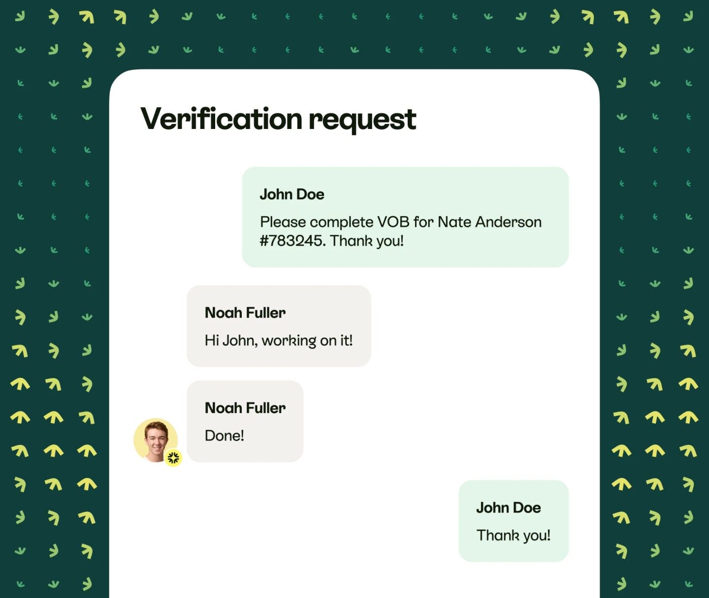 A verification request chat: the office asks for a VOB, a Teero verifier replies Working on it, then Done