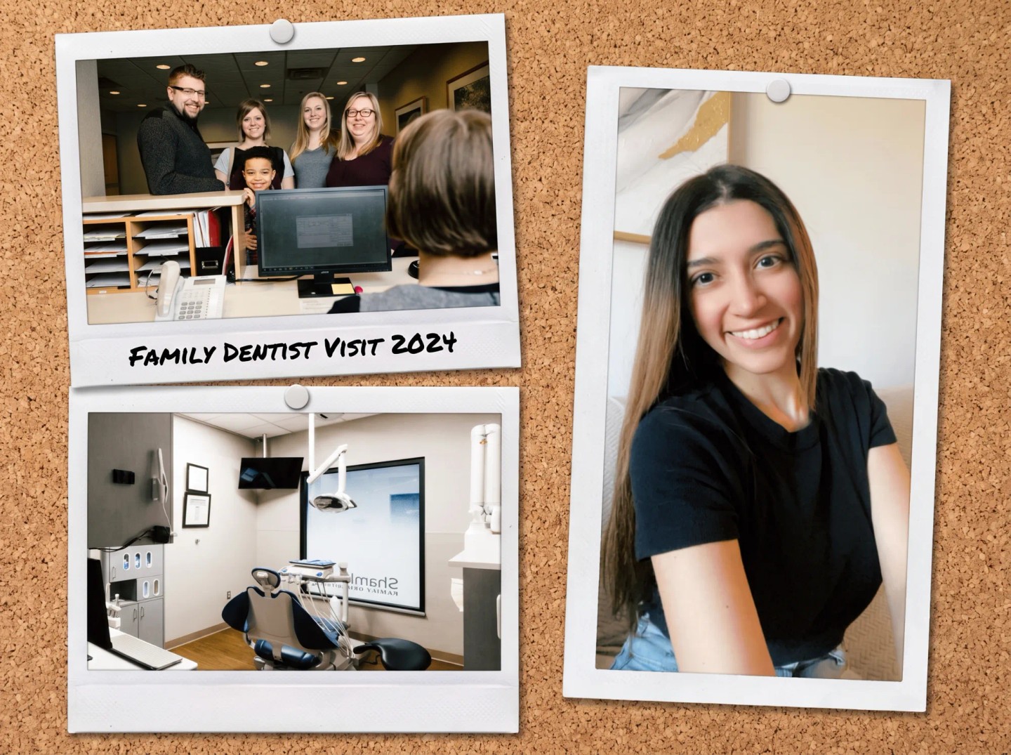 Photos of Shamblott Dentistry pinned to a corkboard: the front desk with a family, a treatment room and a team member