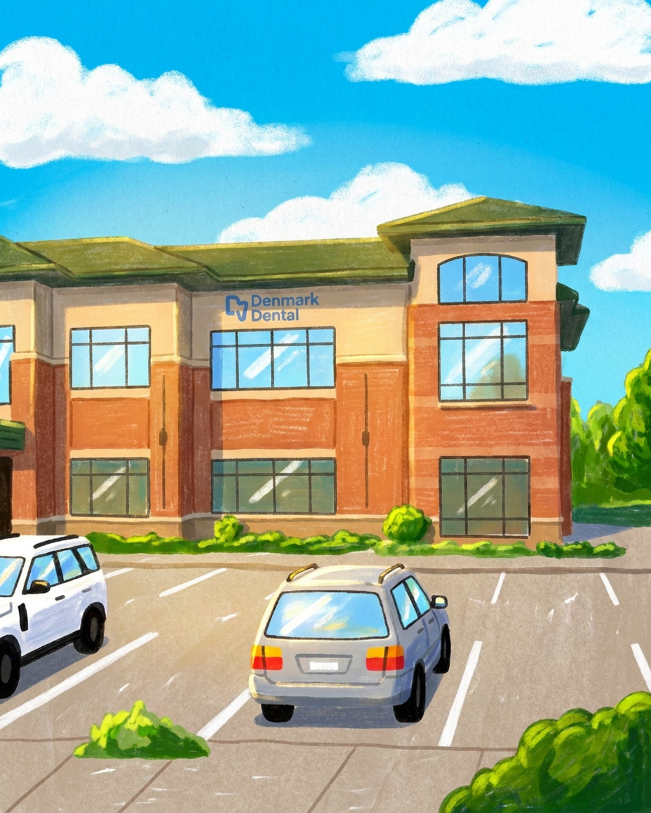Illustration of Denmark Dental: a two-storey brick and stucco office building with a green roof, cars in the lot