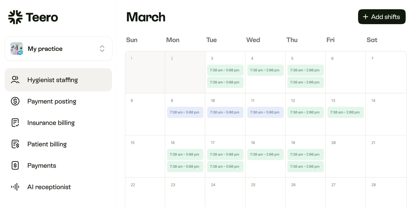 Teero practice dashboard: the March calendar of booked hygienist shifts, with the Add shifts button