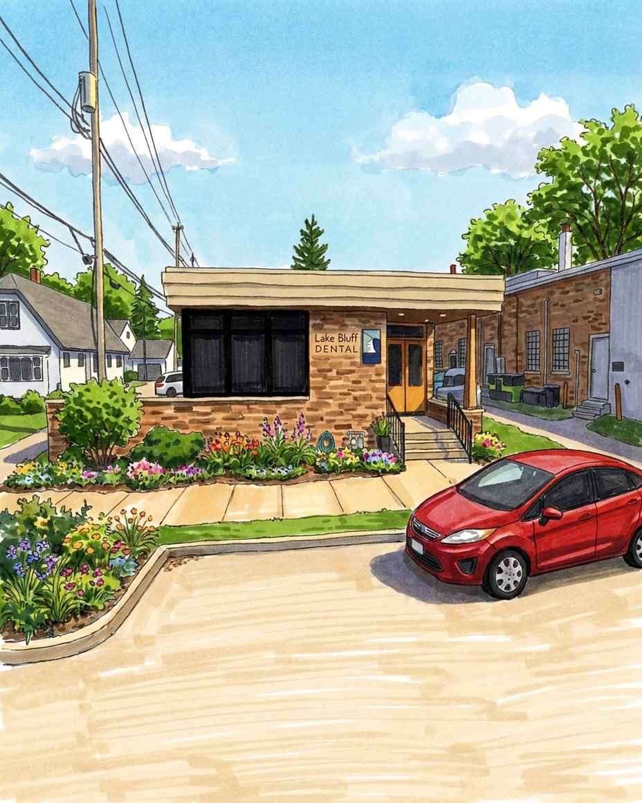 Illustration of Lake Bluff Dental: a brick office with flower beds and a red car in the drive