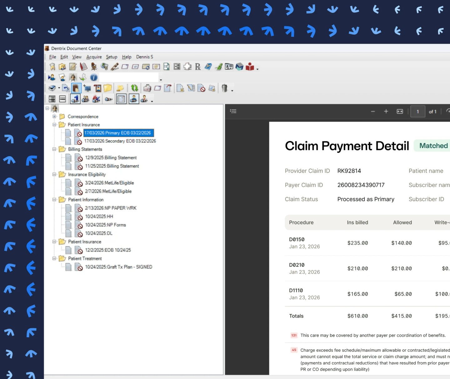 A matched claim payment detail opened from the Dentrix Document Center, next to the patient’s posted EOBs
