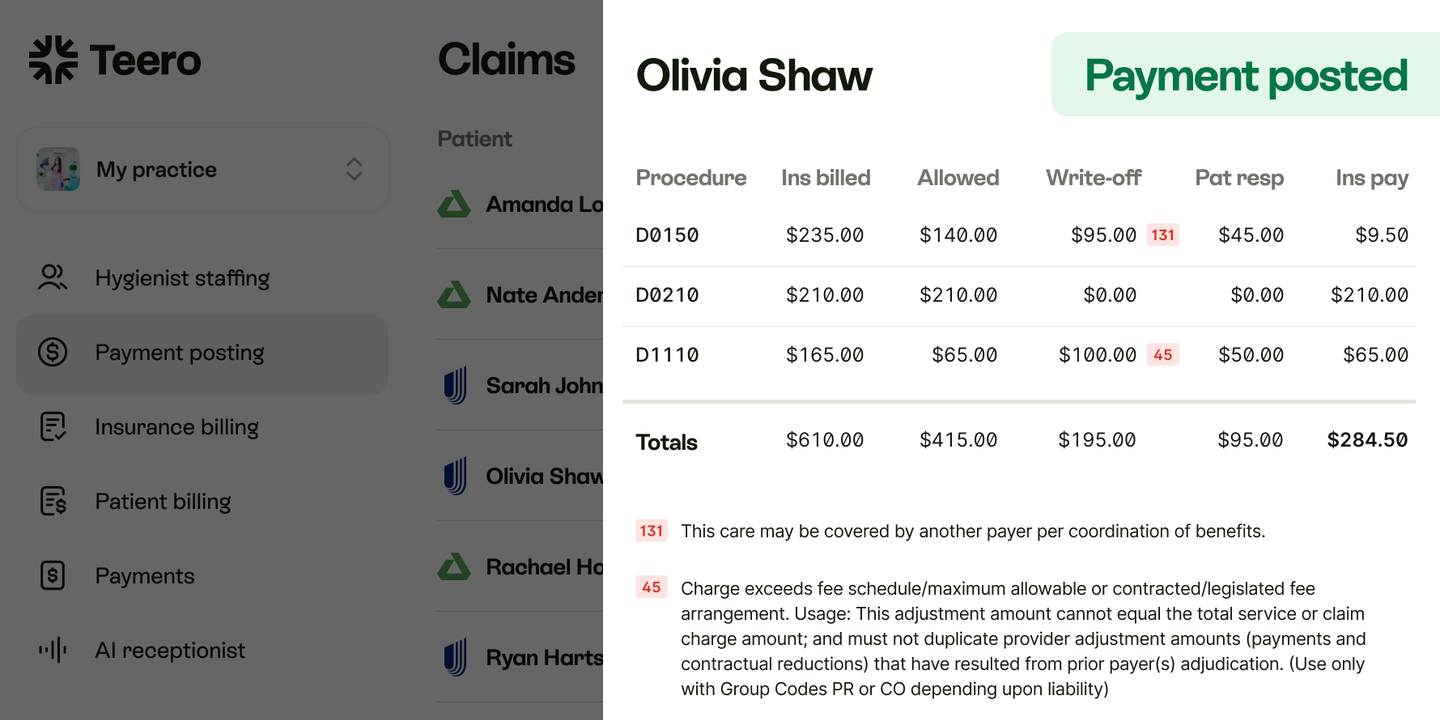 Teero payment posting: a patient’s EOB by procedure with write-offs and adjustment codes, marked Payment posted