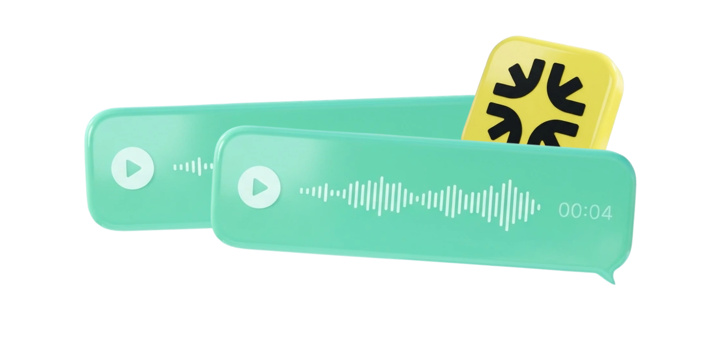 Voice-message players with a waveform beside the yellow Teero app icon, representing Teero’s AI receptionist