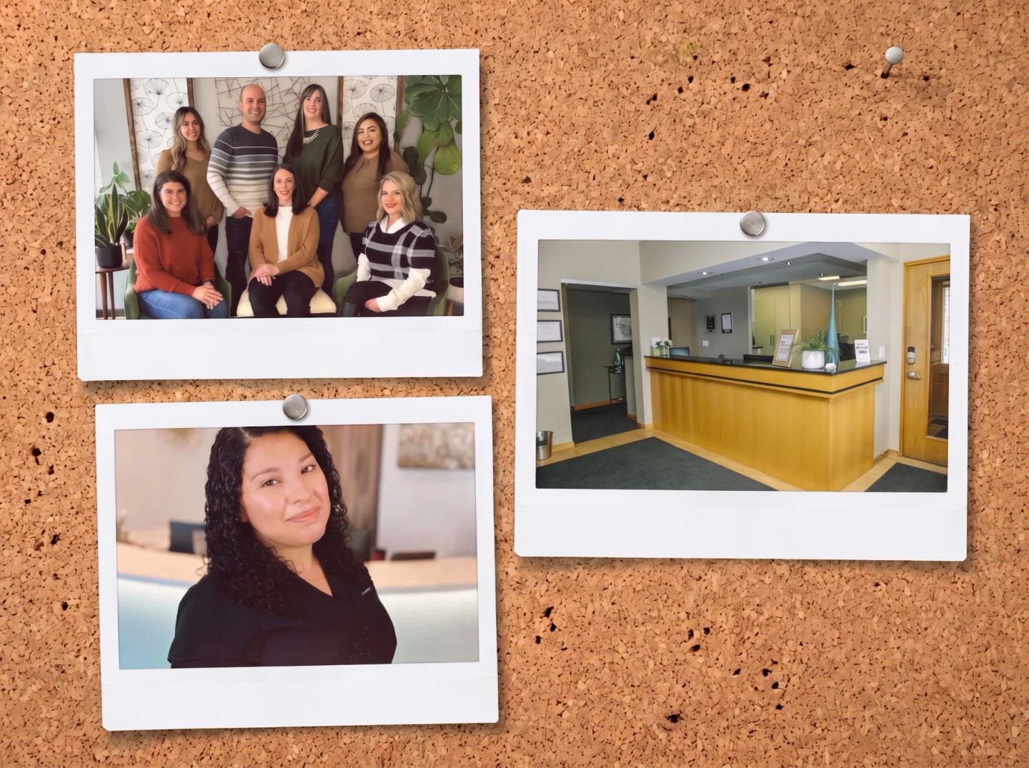 Photos of Lake Bluff Dental pinned to a corkboard: the team, the reception desk and a team member