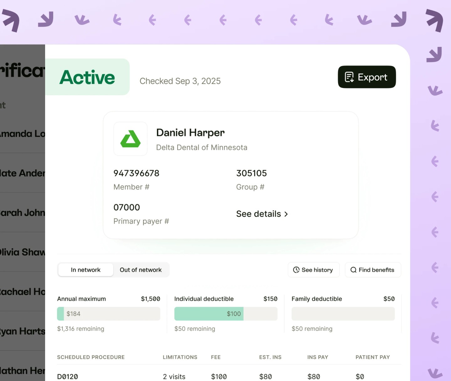 An Active insurance verification for Daniel Harper (Delta Dental of Minnesota) with member, group and payer numbers, maximums and deductibles