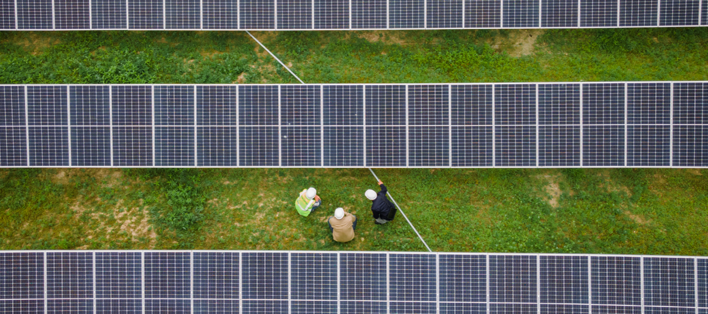 Solar panels with workers