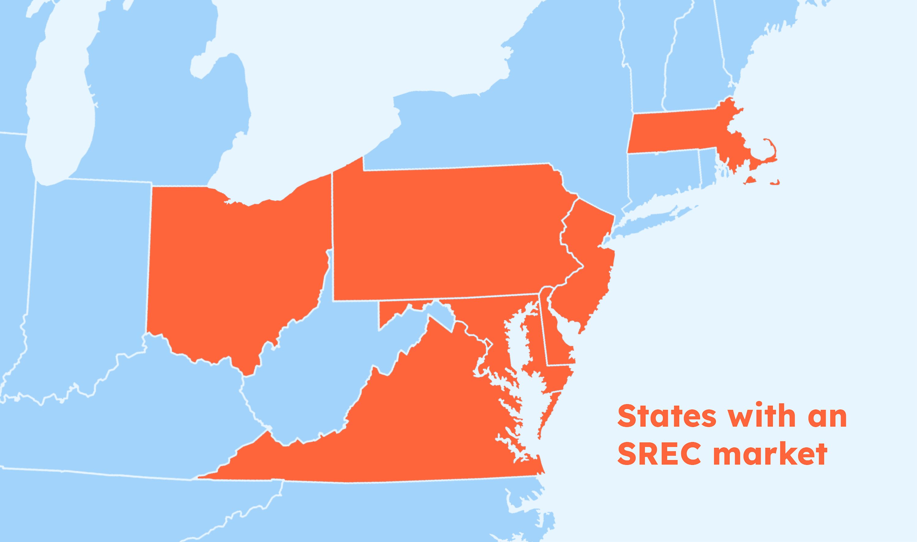 map highlighting states with SREC markets