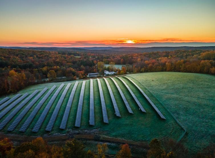 Sunrise over a solar farm in Massachusetts