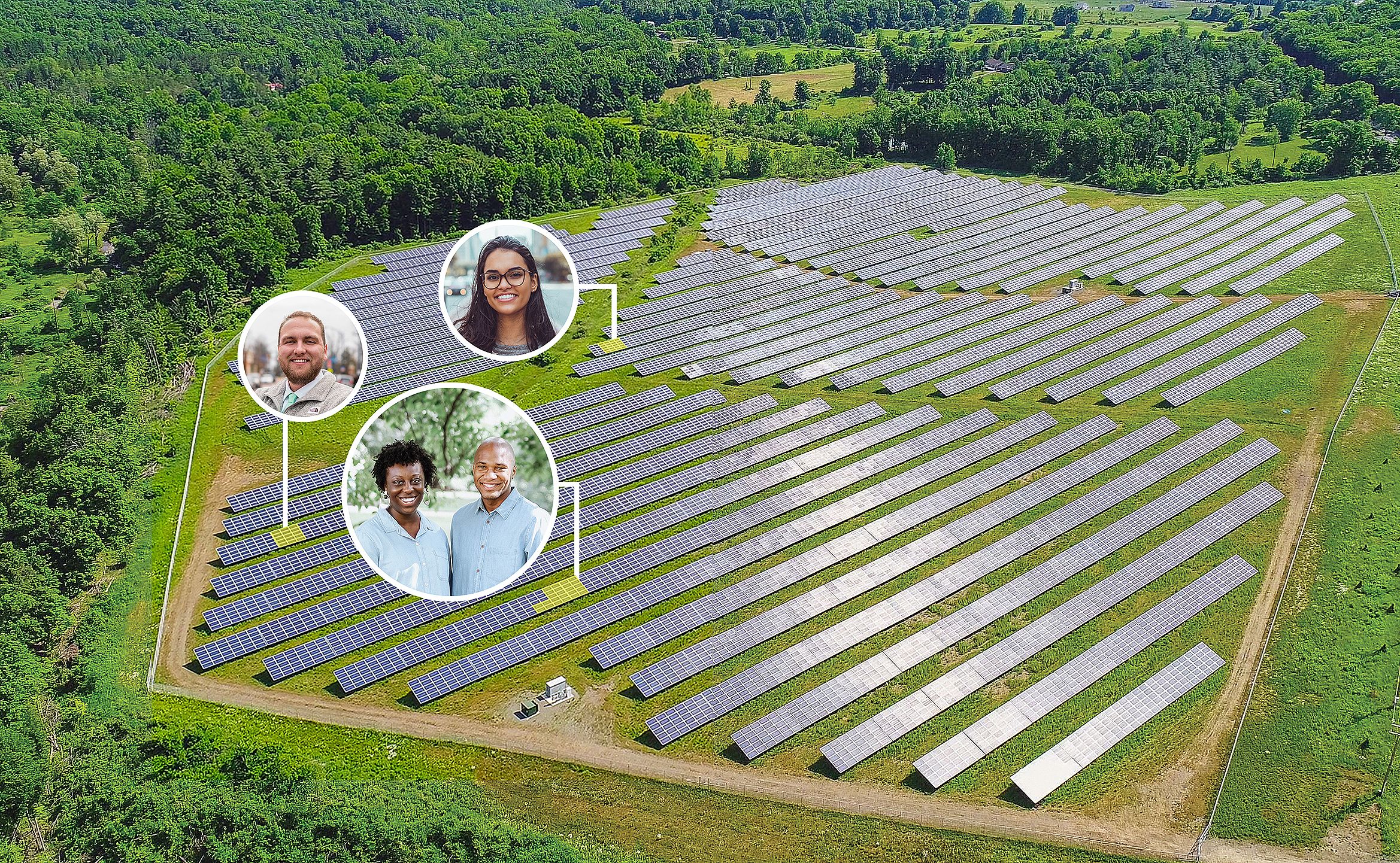 Aerial view of a solar farm surrounded by greenery with circular insets of community members, representing community solar allocations.