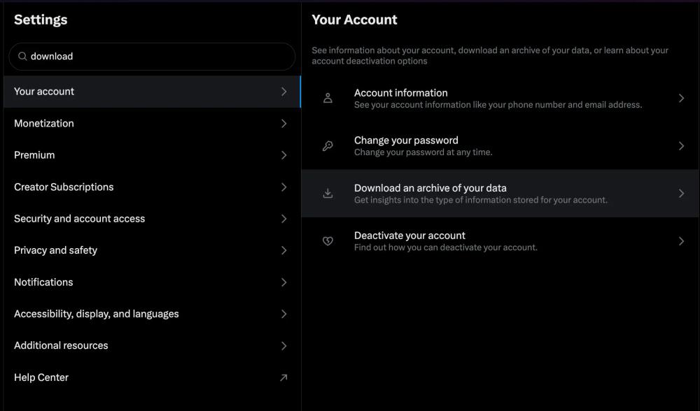 Download your account data from Twitter (X)