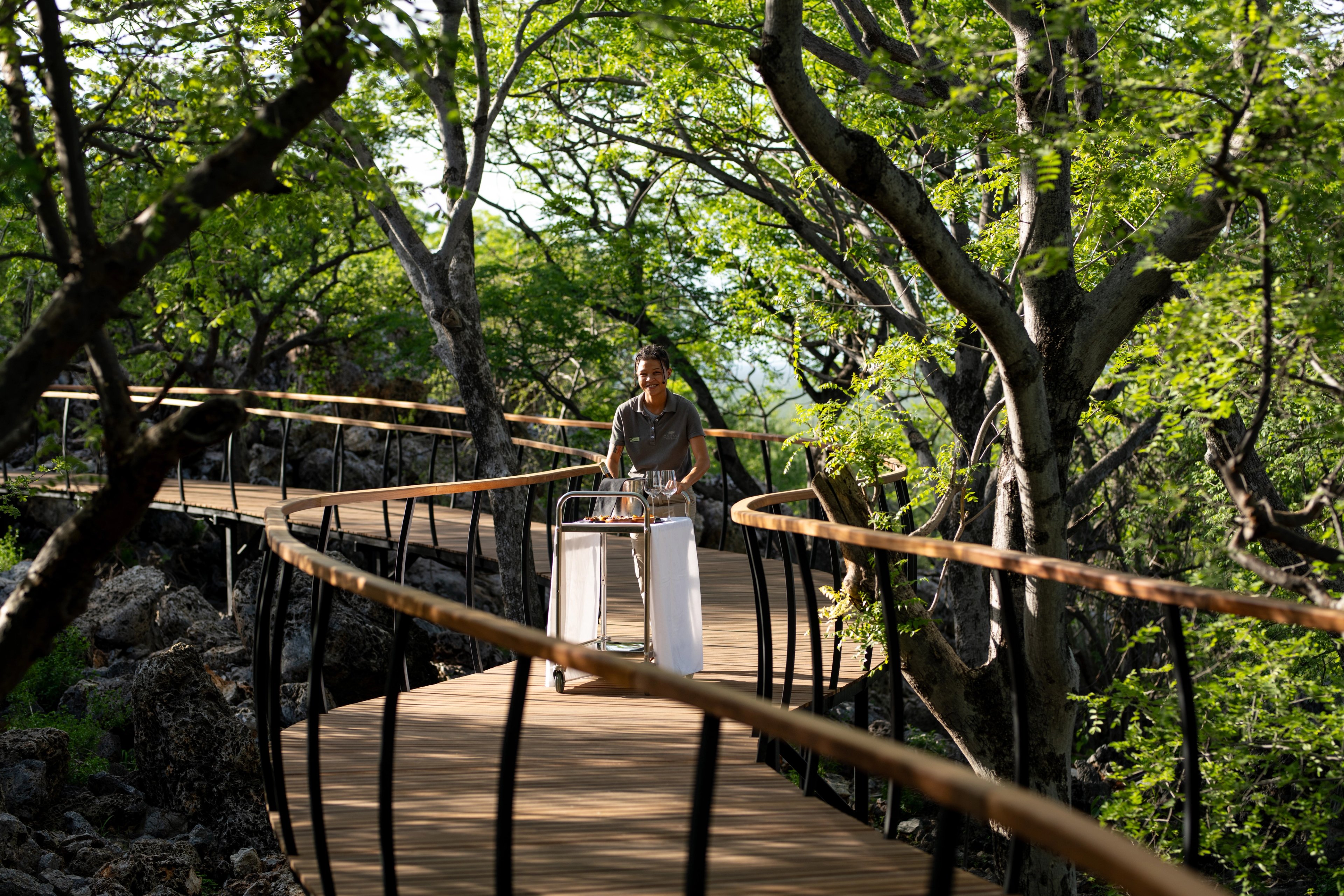 Thoughtful service moves gently through Little Ongava, as Michelle guides a tray down the walkway with care woven seamlessly into the landscape.