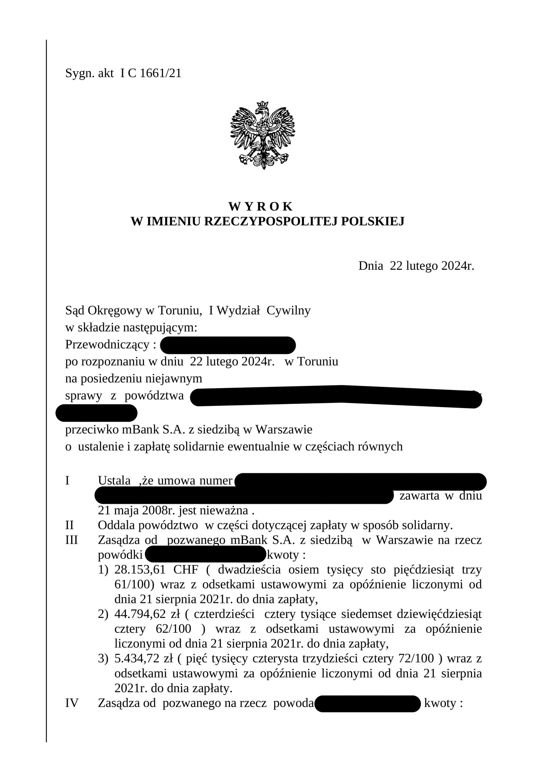 Fragment wyroku w sprawie Pani Kingi, strona 1