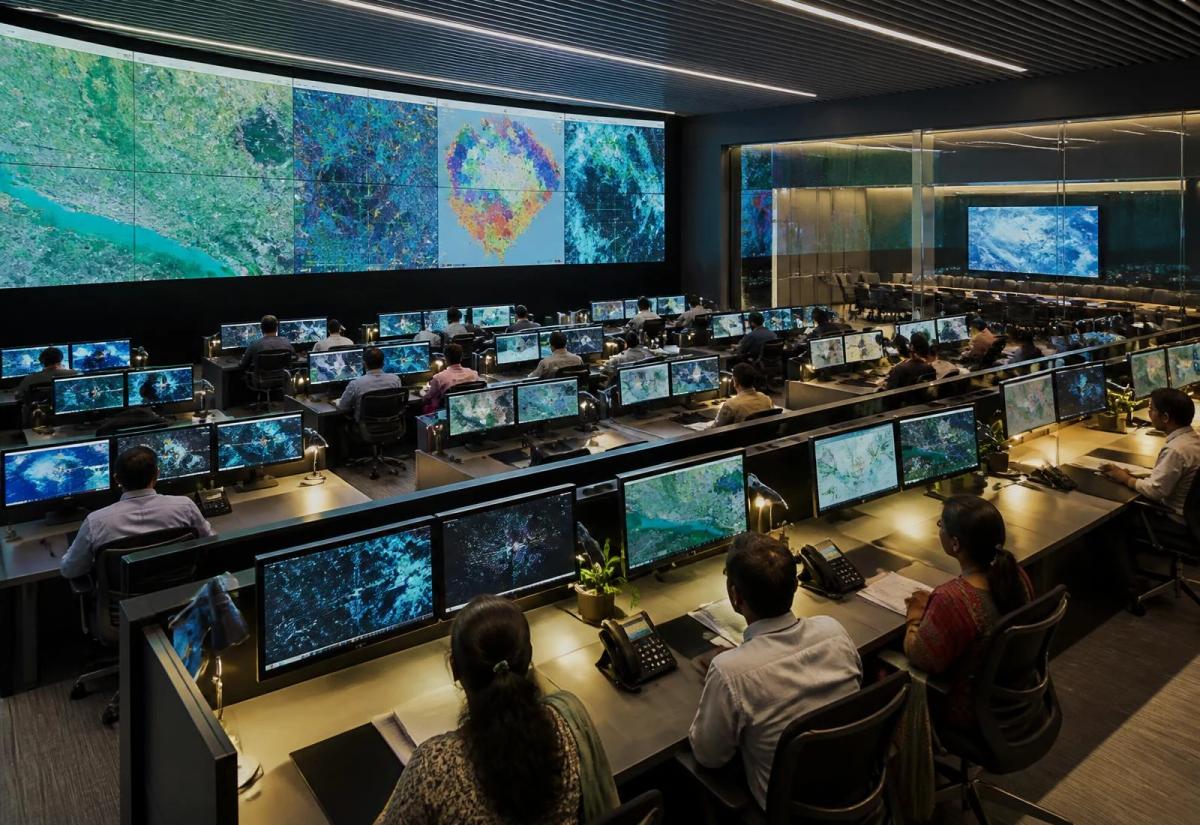 Operations room with a large visualisation wall and individual monitors