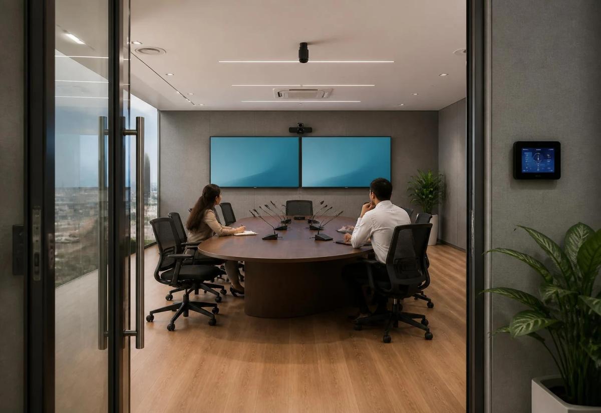 Meeting room with displays, camera, microphones, and room control