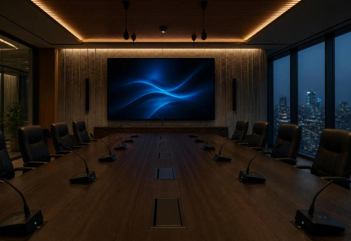 Executive boardroom with a large integrated display