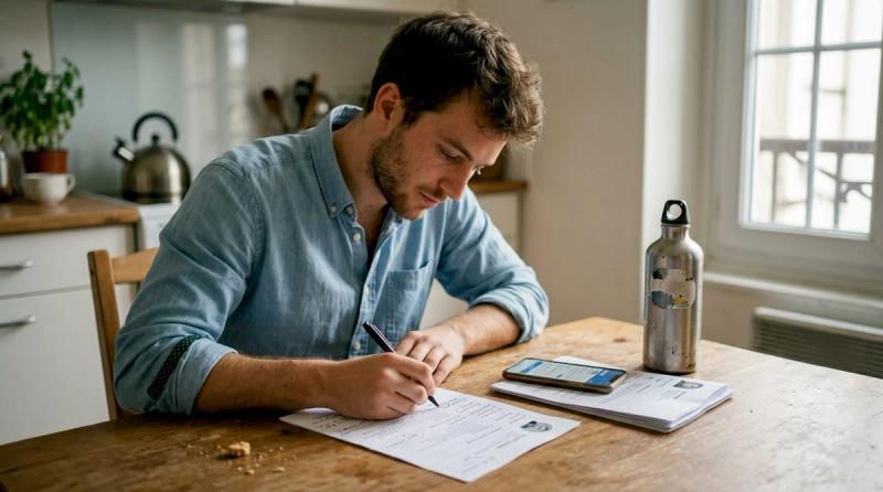 Un jeune actif prend le temps de revoir et d’actualiser son CV, en y ajoutant des commentaires pour l’améliorer.