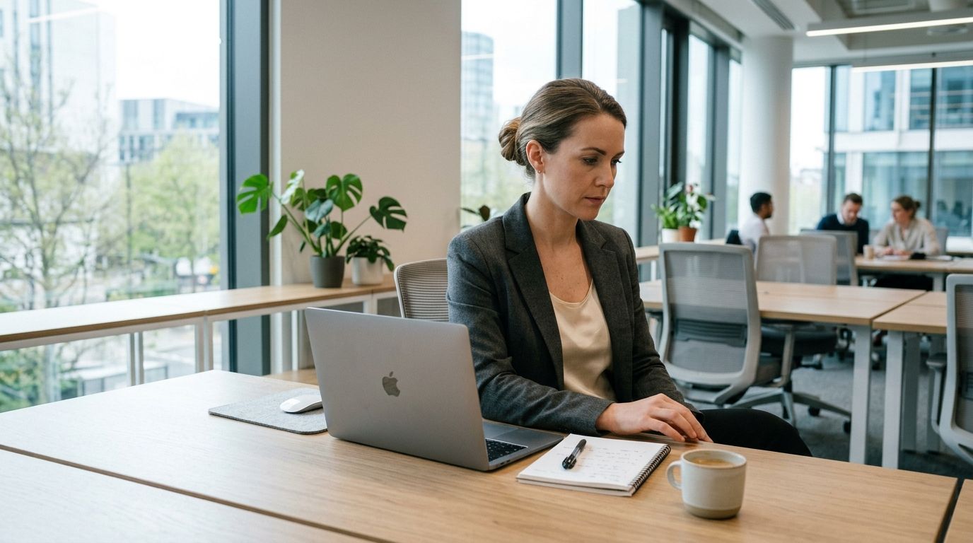 professional working at a modern desk, natural office light, laptop, clean workspace