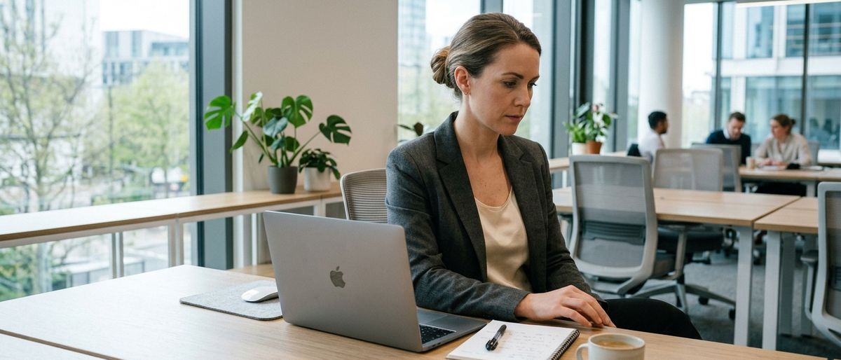 professional working at a modern desk, natural office light, laptop, clean workspace