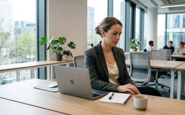 professional working at a modern desk, natural office light, laptop, clean workspace