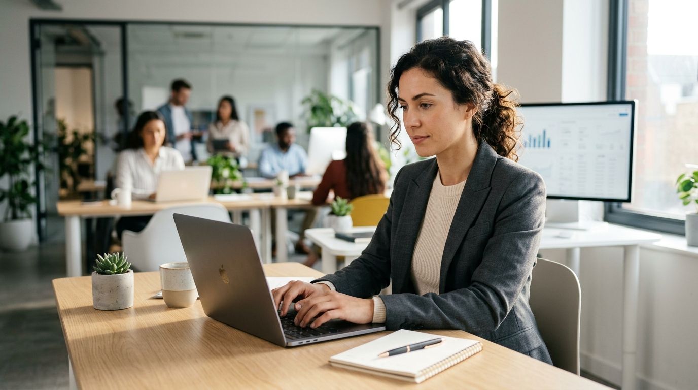 professional working at a modern desk, natural office light, laptop, clean workspace