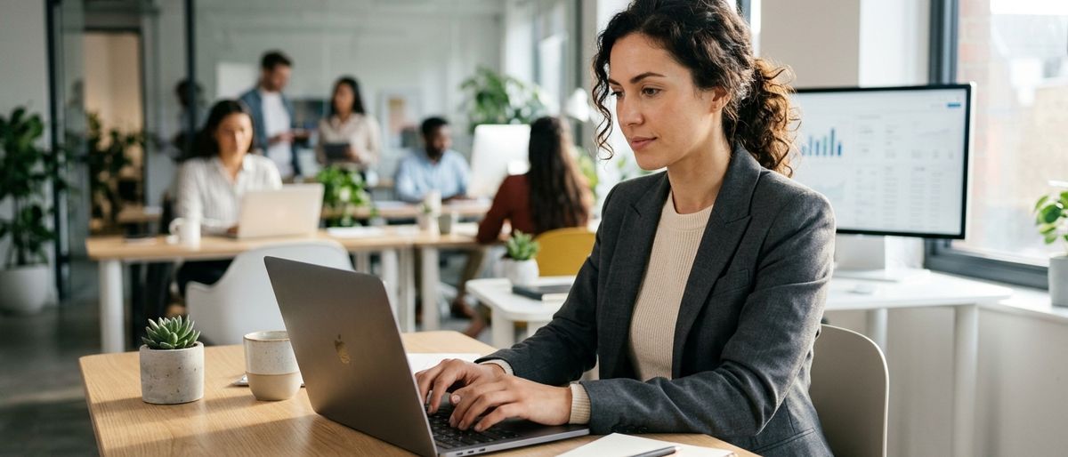 professional working at a modern desk, natural office light, laptop, clean workspace