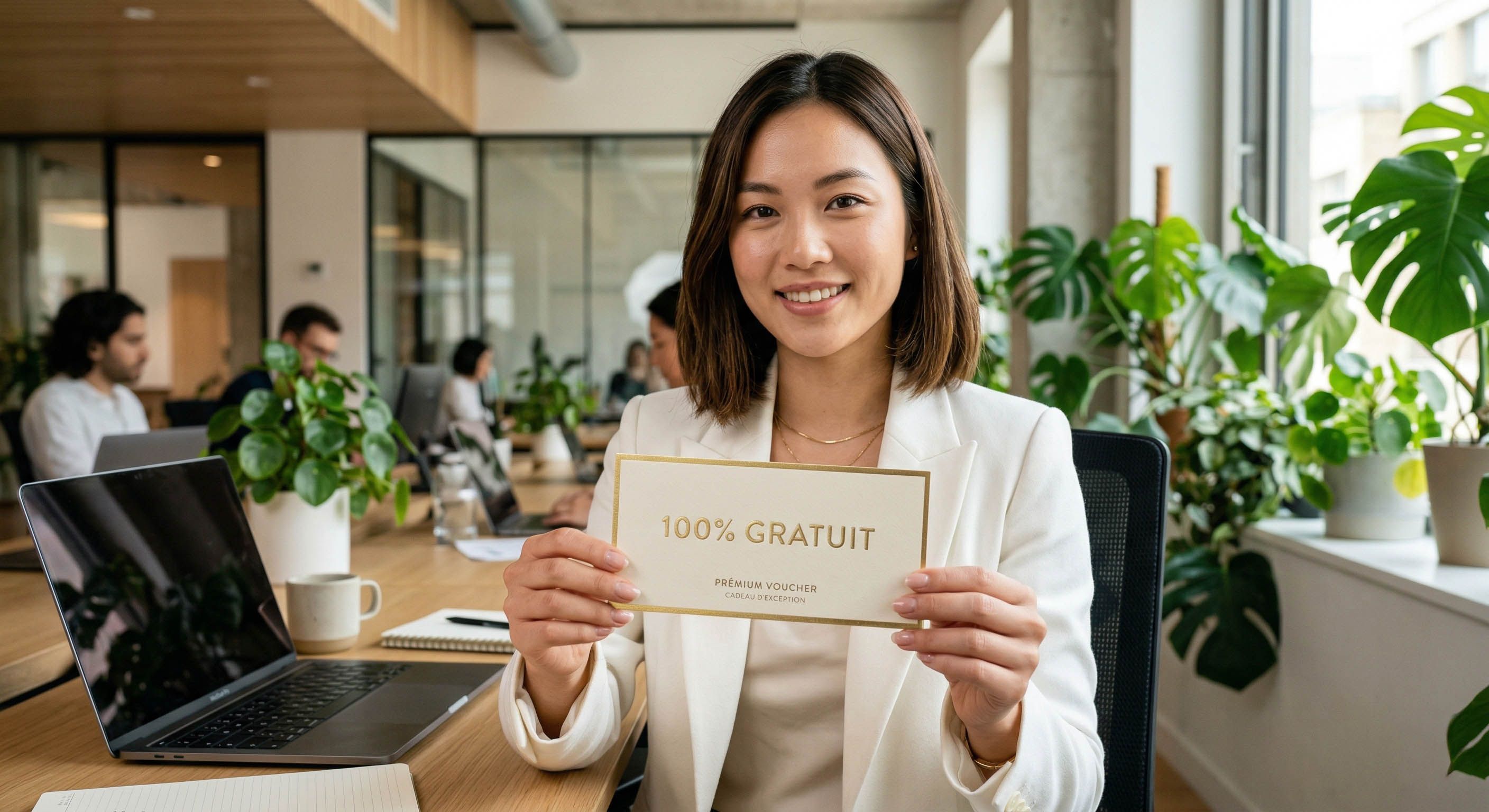 Rendu photoréaliste d'un ticket cadeau gratuit posé sur un bureau près d'un CV vierge, symbolisant l'accès offert au générateur de CV et de lettre de motivation par intelligence artificielle.