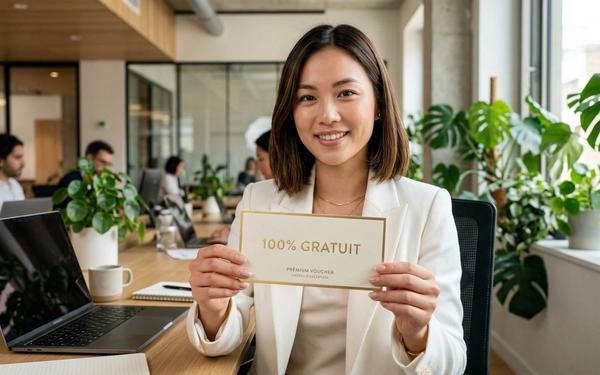 Rendu photoréaliste d'un ticket cadeau gratuit posé sur un bureau près d'un CV vierge, symbolisant l'accès offert au générateur de CV et de lettre de motivation par intelligence artificielle.