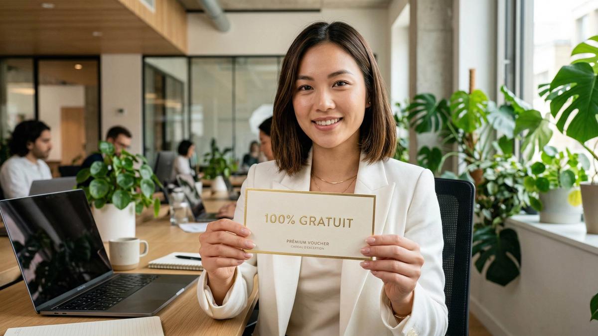Rendu photoréaliste d'un ticket cadeau gratuit posé sur un bureau près d'un CV vierge, symbolisant l'accès offert au générateur de CV et de lettre de motivation par intelligence artificielle.