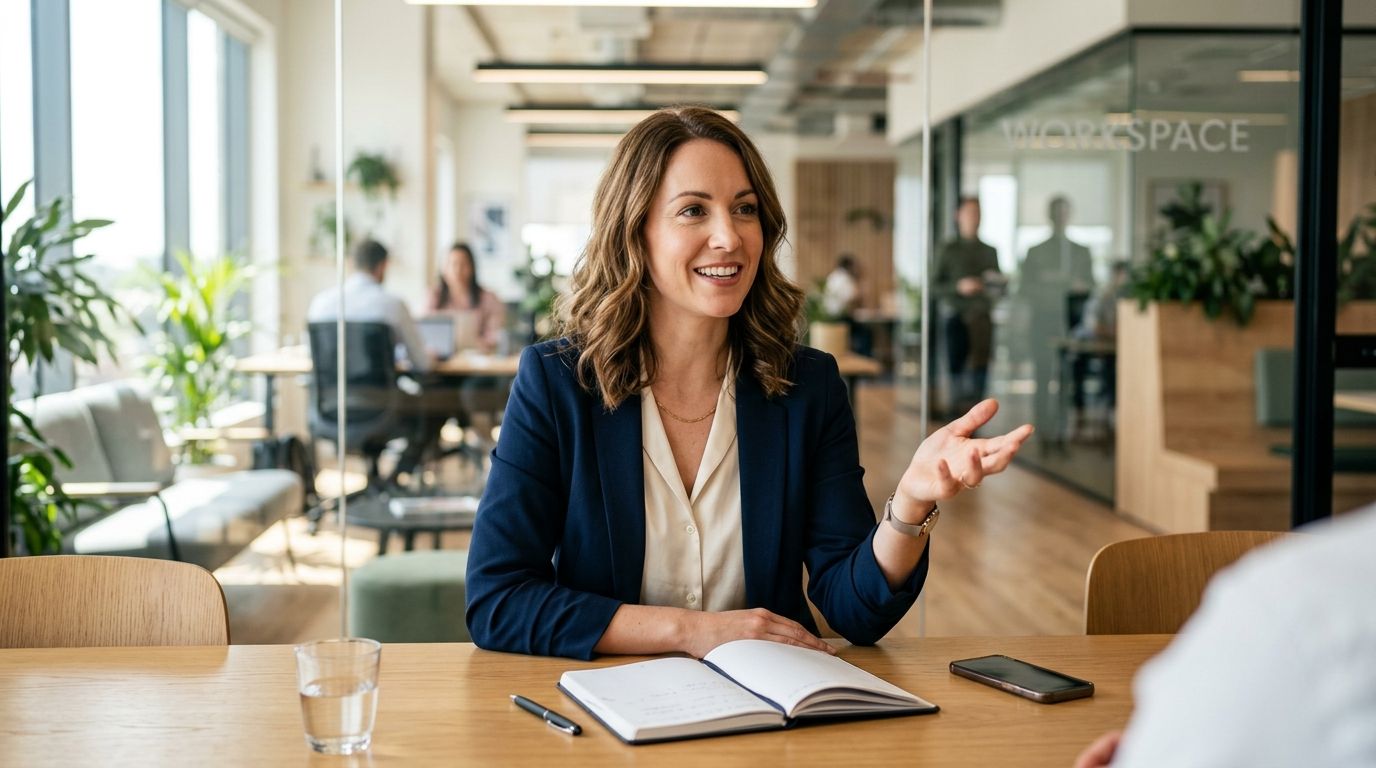 A professional woman in her early 30s, confidently presenting her skills during a job interview in a