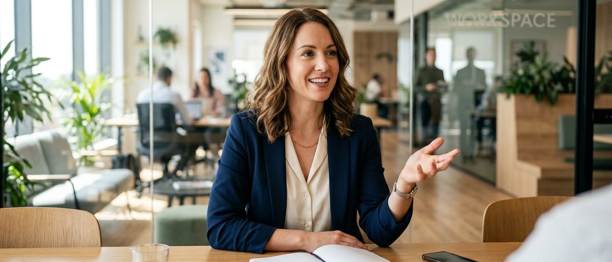 A professional woman in her early 30s, confidently presenting her skills during a job interview in a