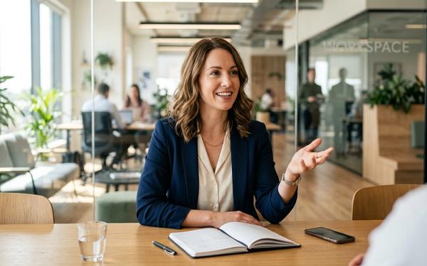 A professional woman in her early 30s, confidently presenting her skills during a job interview in a