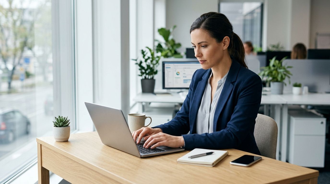 professional working at a modern desk, natural office light, laptop, clean workspace