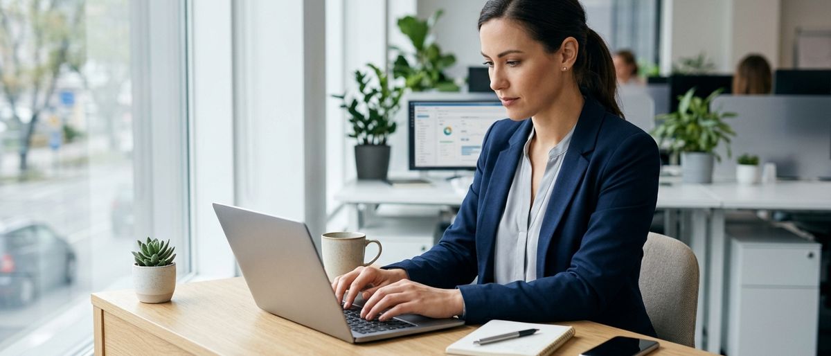 professional working at a modern desk, natural office light, laptop, clean workspace