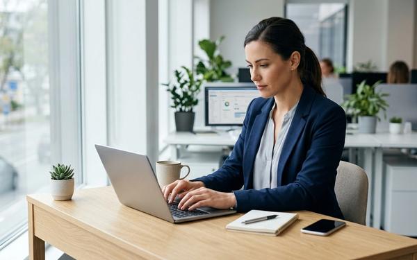 professional working at a modern desk, natural office light, laptop, clean workspace