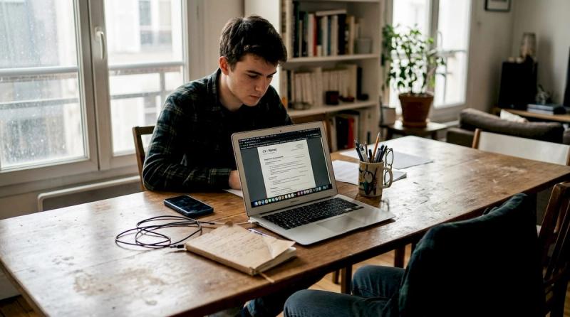 Un étudiant prépare son CV au format PDF, tranquillement installé chez lui.