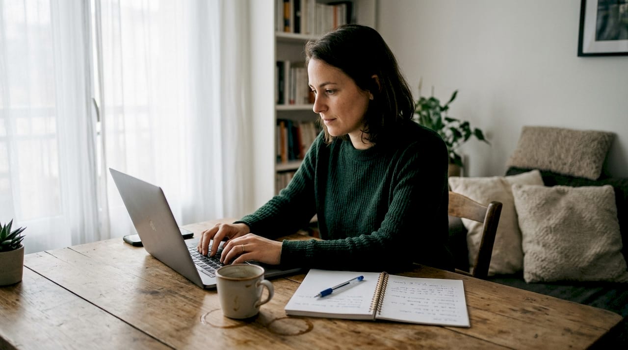 Une femme rédige sa lettre de motivation devant son ordinateur au bureau.