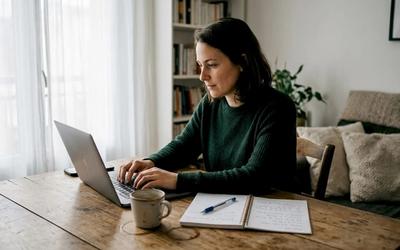 Une femme rédige sa lettre de motivation devant son ordinateur au bureau.