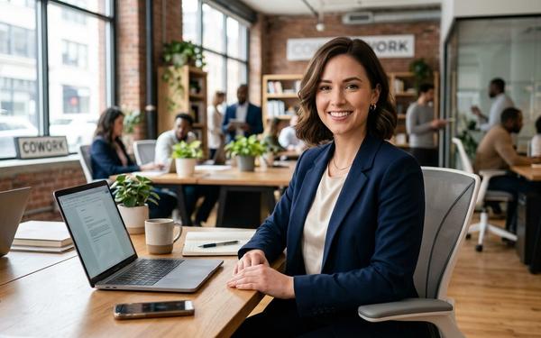 A professional woman in her late 20s or early 30s, smiling slightly and looking confidently at the c