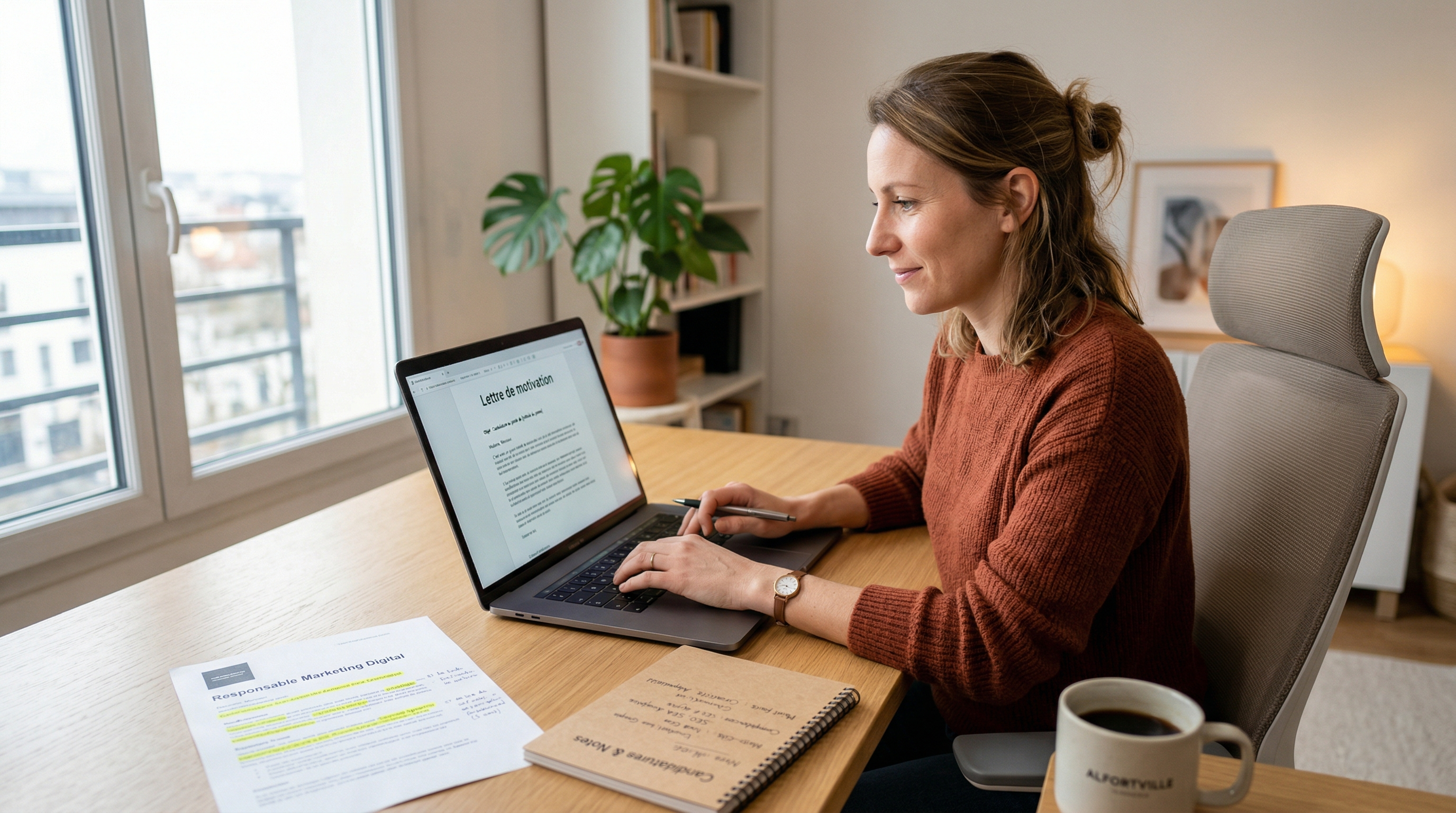 Candidat utilisant une intelligence artificielle pour créer une lettre de motivation personnalisée sur son ordinateur