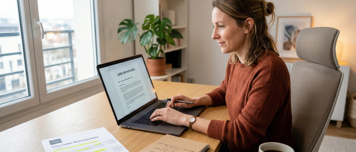 Candidat utilisant une intelligence artificielle pour créer une lettre de motivation personnalisée sur son ordinateur
