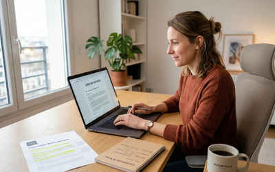Candidat utilisant une intelligence artificielle pour créer une lettre de motivation personnalisée sur son ordinateur