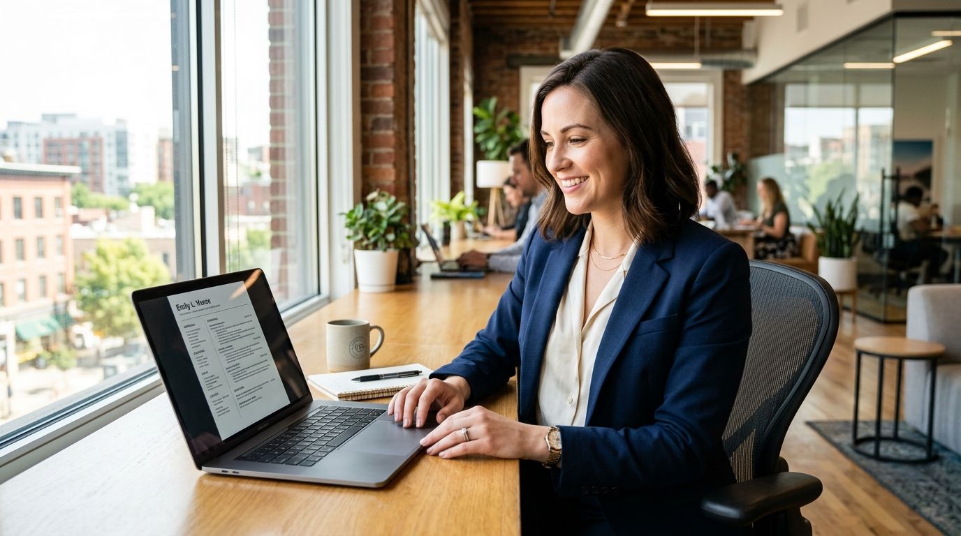 professional working at a modern desk, natural office light, laptop, clean workspace