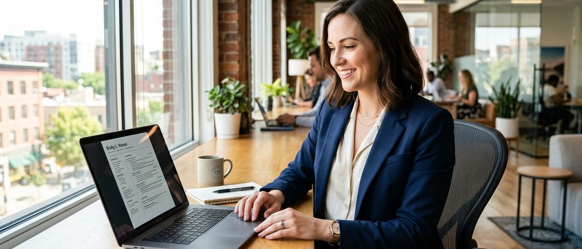 professional working at a modern desk, natural office light, laptop, clean workspace