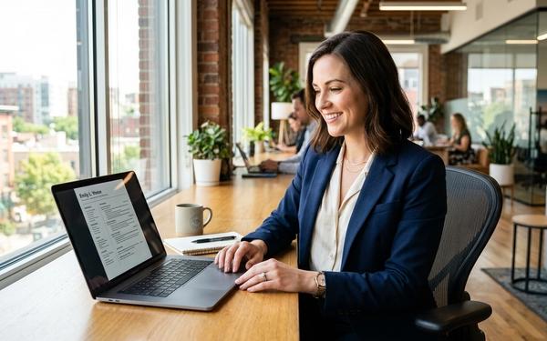 professional working at a modern desk, natural office light, laptop, clean workspace