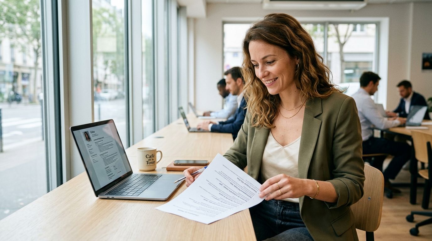 [young french woman, early 30s, professional casual attire, sitting at a bright modern coworking des