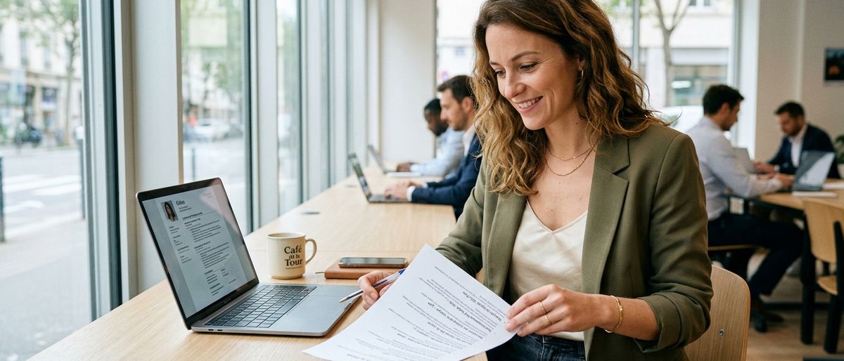 [young french woman, early 30s, professional casual attire, sitting at a bright modern coworking des