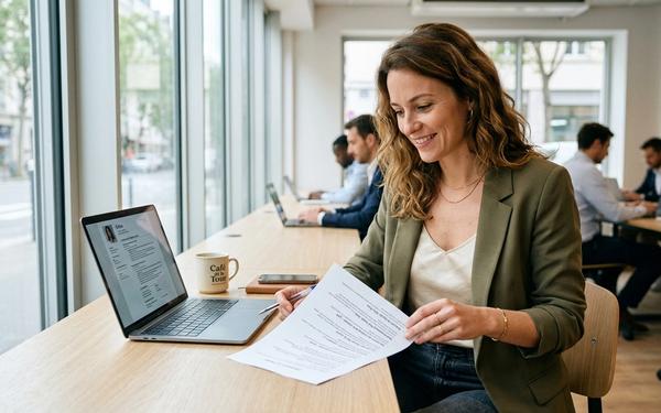 [young french woman, early 30s, professional casual attire, sitting at a bright modern coworking des