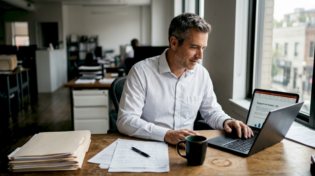 Un consultant passe en revue un CV au format PDF sur son ordinateur.